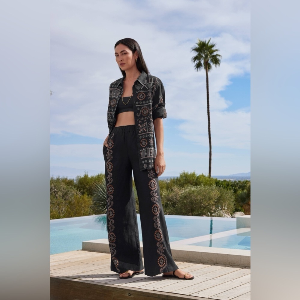 Johnny Was Black Embroidered Faye Relaxed Linen Shirt and Pants Set Size M/L